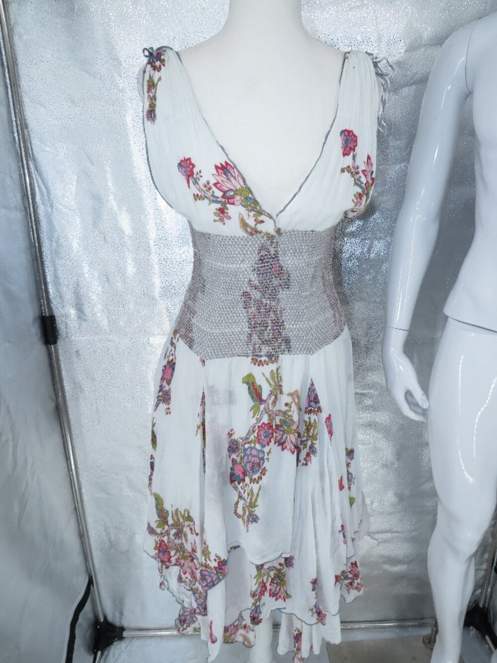 Floral Boho Midi Dress White Pink Smocked Waist Sleeveless Asymmetrical Size S